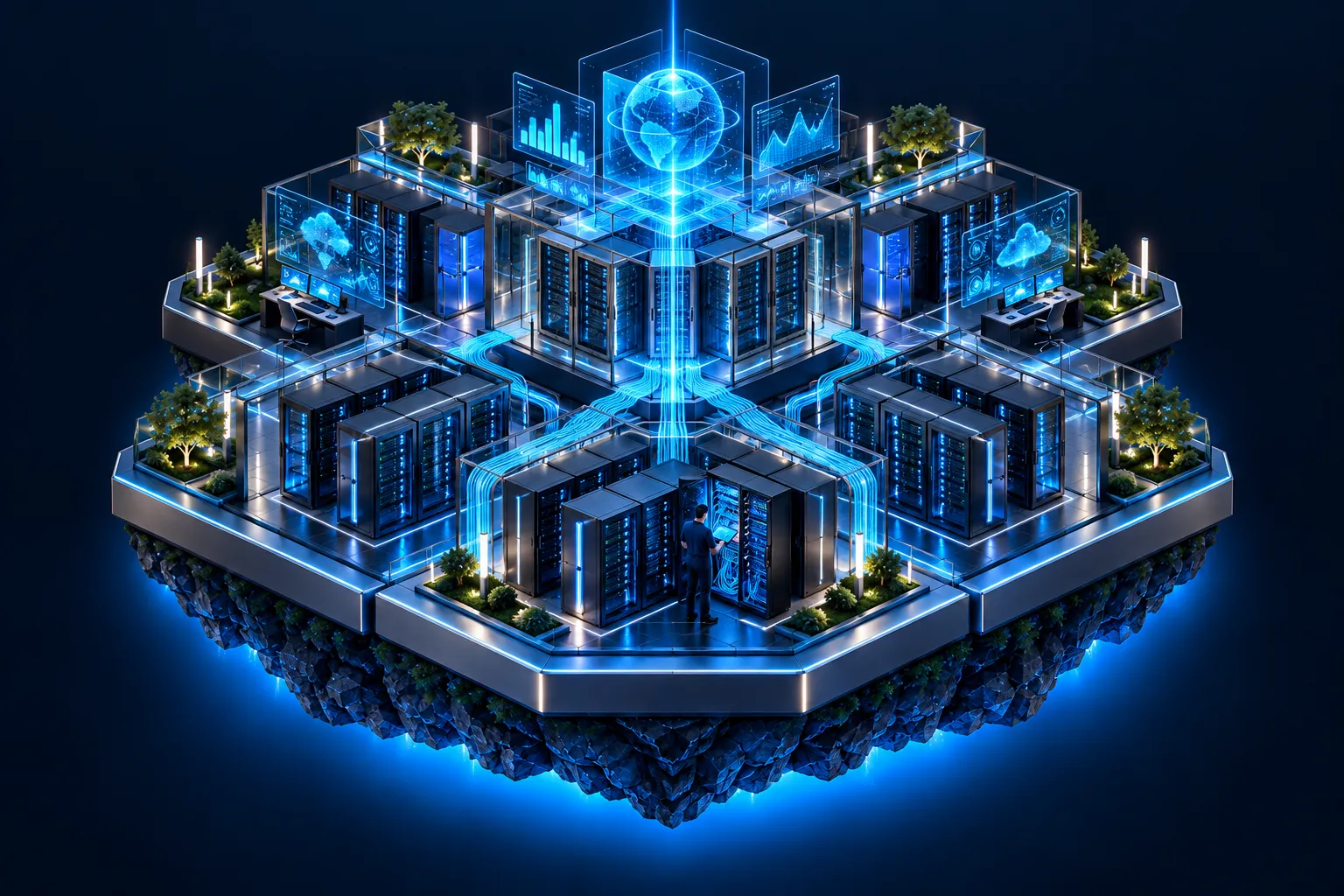 Maqueta isométrica de un centro de datos con racks de servidores y paneles holográficos
