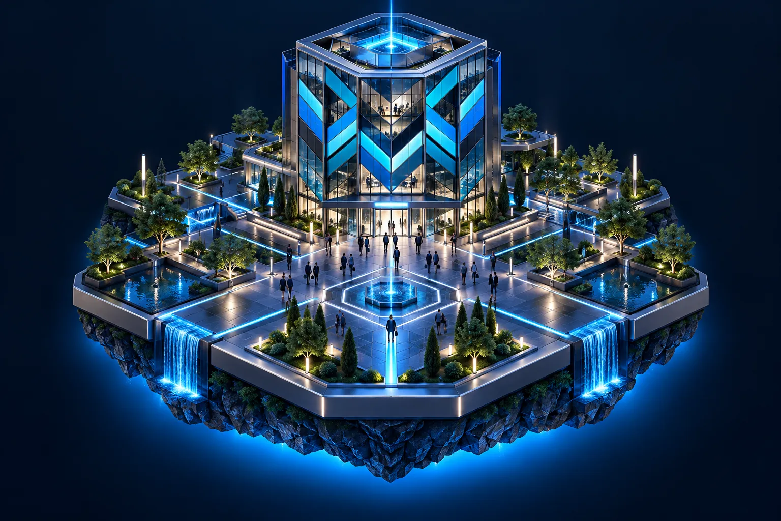 Maqueta isométrica de una torre hexagonal de vidrio con paneles azules, rodeada por una plaza iluminada
